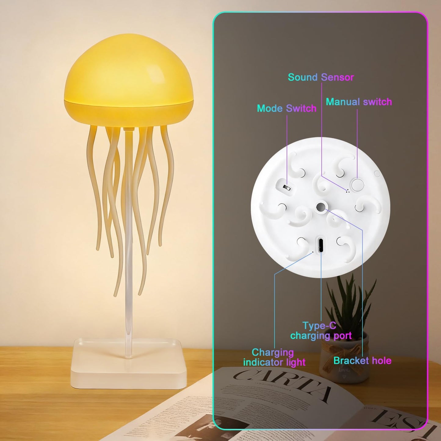 Jellyfish Lamp, Jellyfish Night Light with Touch Sensor, RGB Jellyfish Table Lamp, Rechargeable Jellyfish Bedside Lamp with Voice Control, Cute Desk Lamp for Bedrooms, Living Room (Hanging + Base)