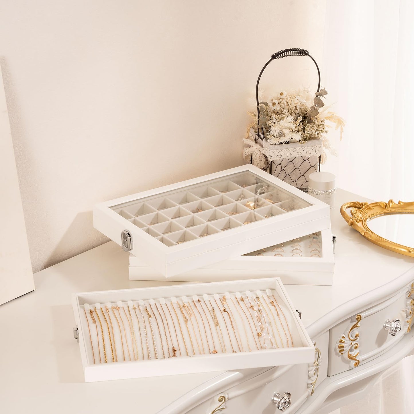 Lolalet Jewelry Organizer Tray with Lid, 35 Grids Velvet Earring Organizer Holder Storage Box for Drawer -Beige
