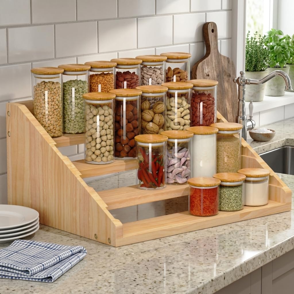 Solid Wood Spice Rack Organizer for Countertop & Cabinet, 4 Tier Adjustable Wooden Spice Shelf with Sliding Track, Premium Step Seasoning Bottle Holder for Kitchen, Pantry, Office, Natural Wood Color