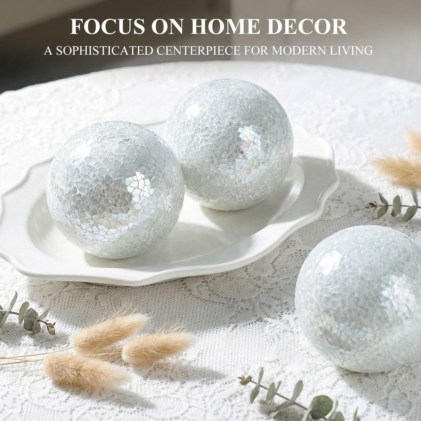 DomeStar 3PCS Decorative Balls for Bowls, 4 Inch White Orbs Glass Balls for Centerpiece Bowls Mosaic Sphere for Home Decoration Dining Table
