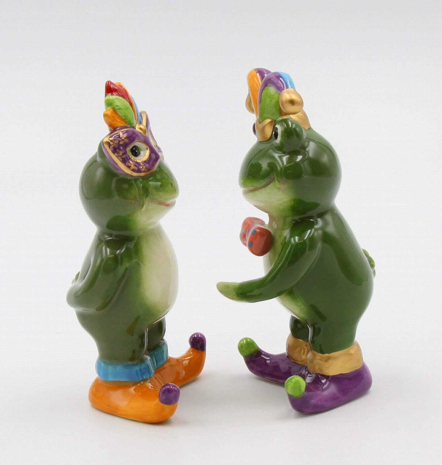 Fine Ceramic Mardi Gras Costume Frogs Couple Salt & Pepper Shakers Set, 4-7/8" H