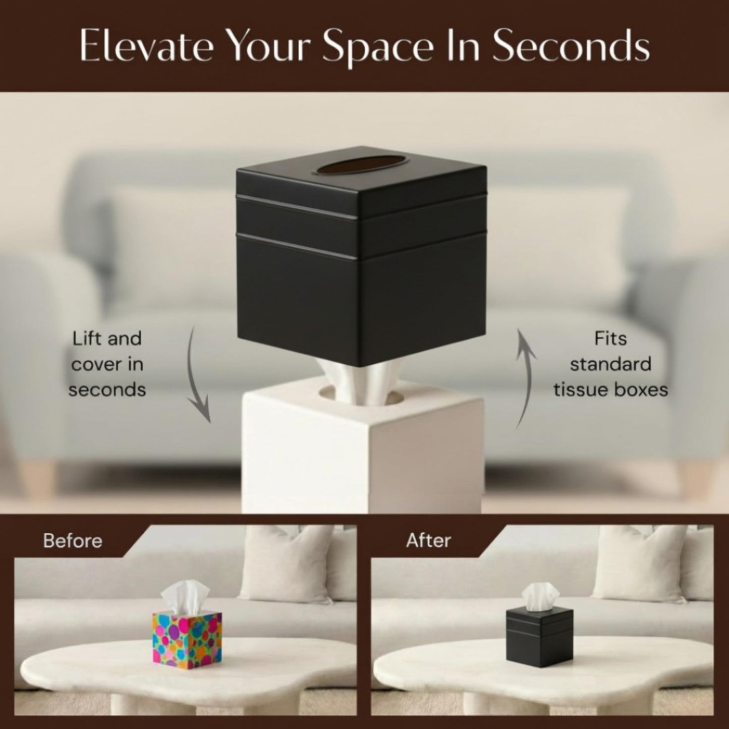 Monarch Abode Tissue Box Cover Square – Handcrafted Border Embossed Black Metal Tissue Holder Box for Bathroom Accessory, Aesthetic Decorative Facial Napkin Cube for Modern Home Decor