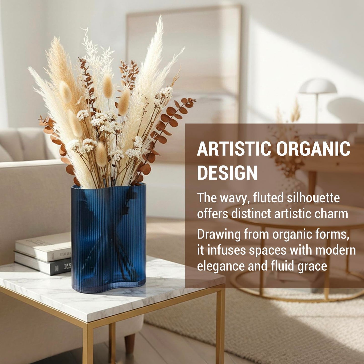 MyGift Blue Glass Flower Vase, Modern Fluted Ocean Blue, Artistic Organic Wavy Design for Floral Arrangements, Tabletop, Shelf & Centerpiece Home Décor