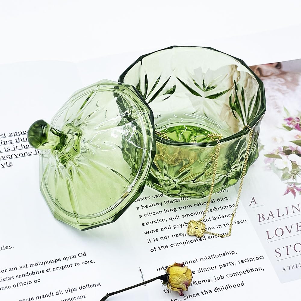 EWEIGEER 8oz Glass Candy Dish with Lid,Small Crystal Chrismas Candy Jar,Cotton Round Holder,Office,Bathroom,Dining Room Organizer(Olive Green)