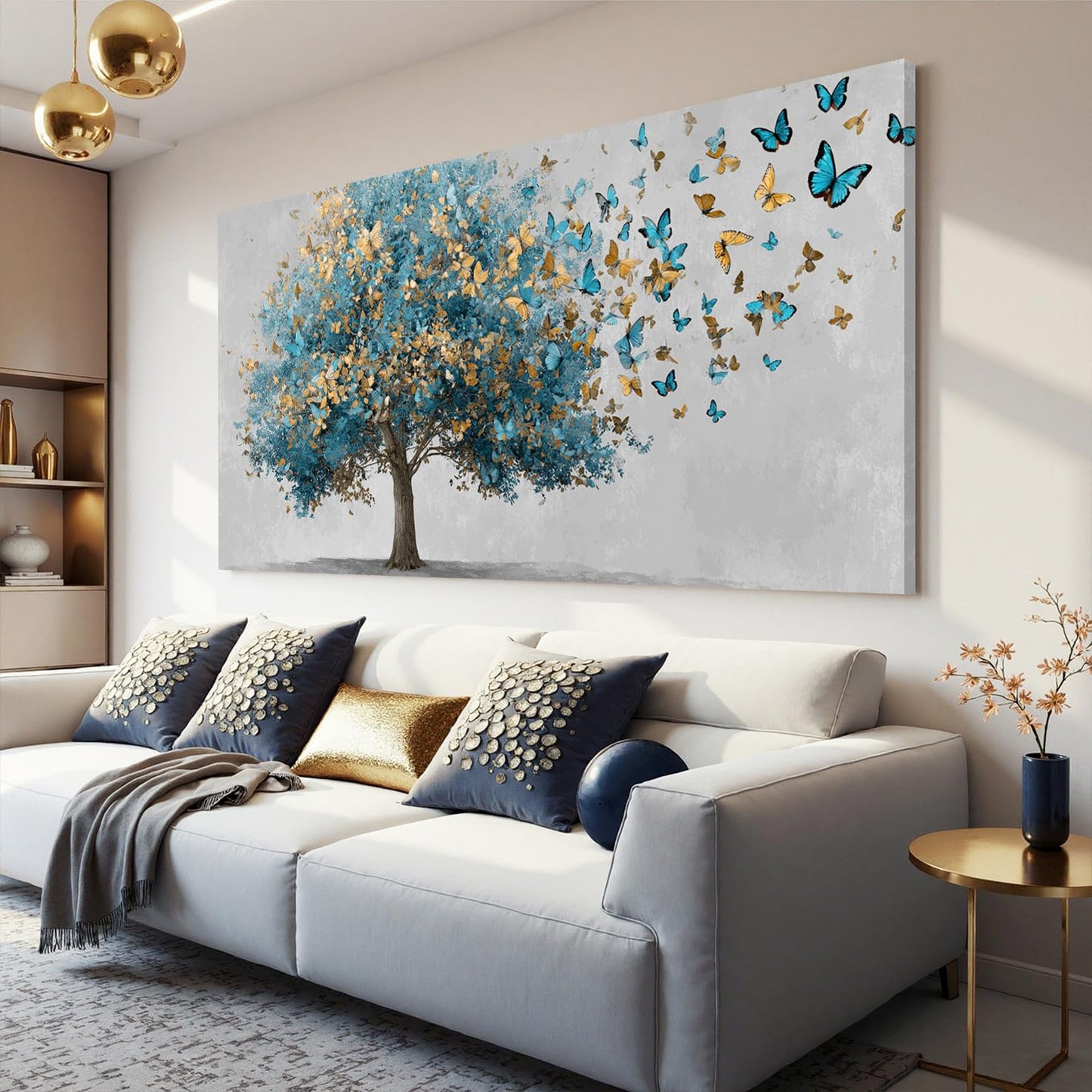 YISXINOAG Canvas Art Wall Decor Modern Wall Art Tree of Life Wall Art Blue Tree Paintings Gold Butterfly Modern Landscape Painting Canvas Artwork Pictures for Bathroom,Dining Room Size 20"X40"