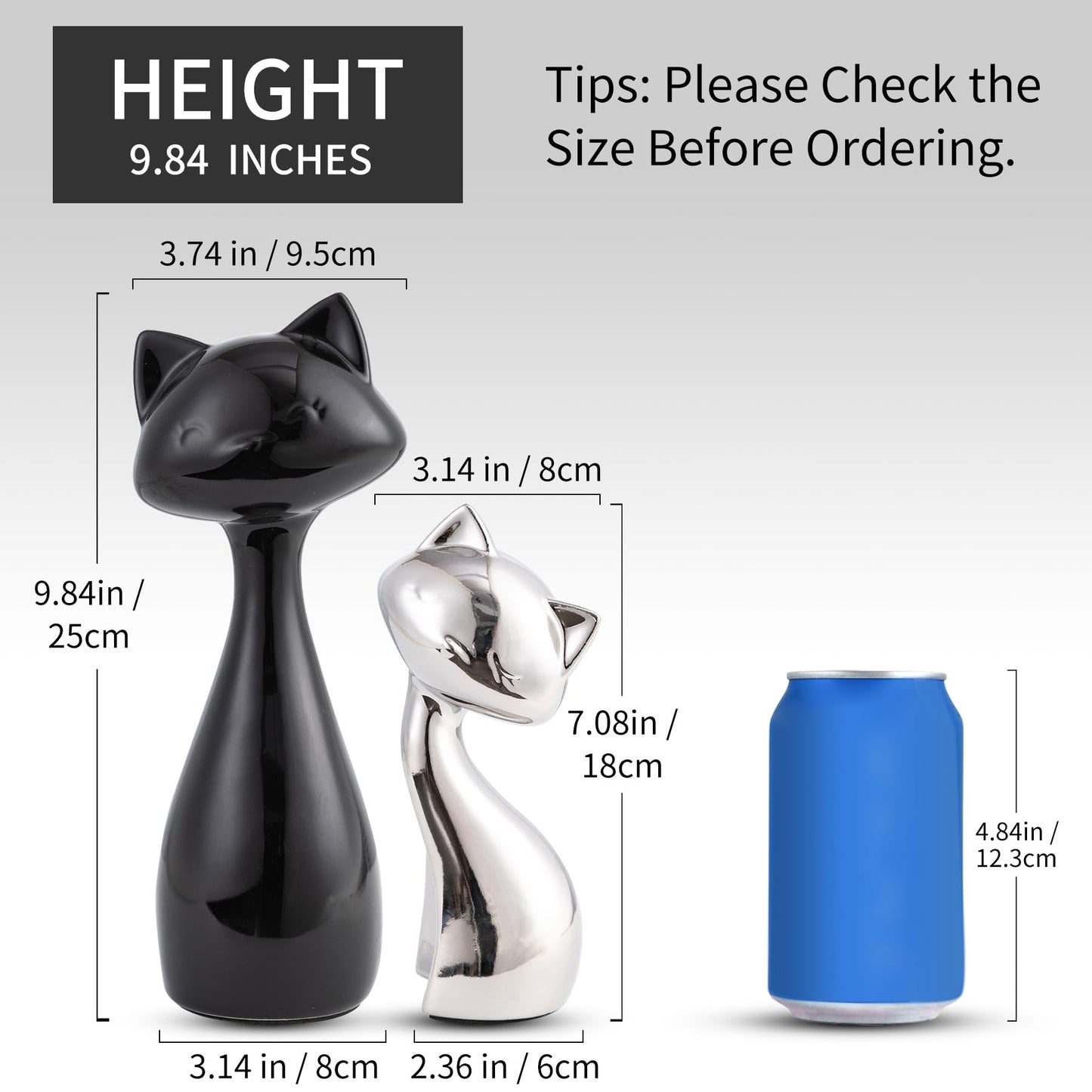 SURE YUESI Ceramic Cat Statue Set of 2, Black & Silver Cute Cat Figurines, Desk & Shelf Decor for Cat Lovers, Office Home Decor, Lucky Cat Memorial Gift for Women