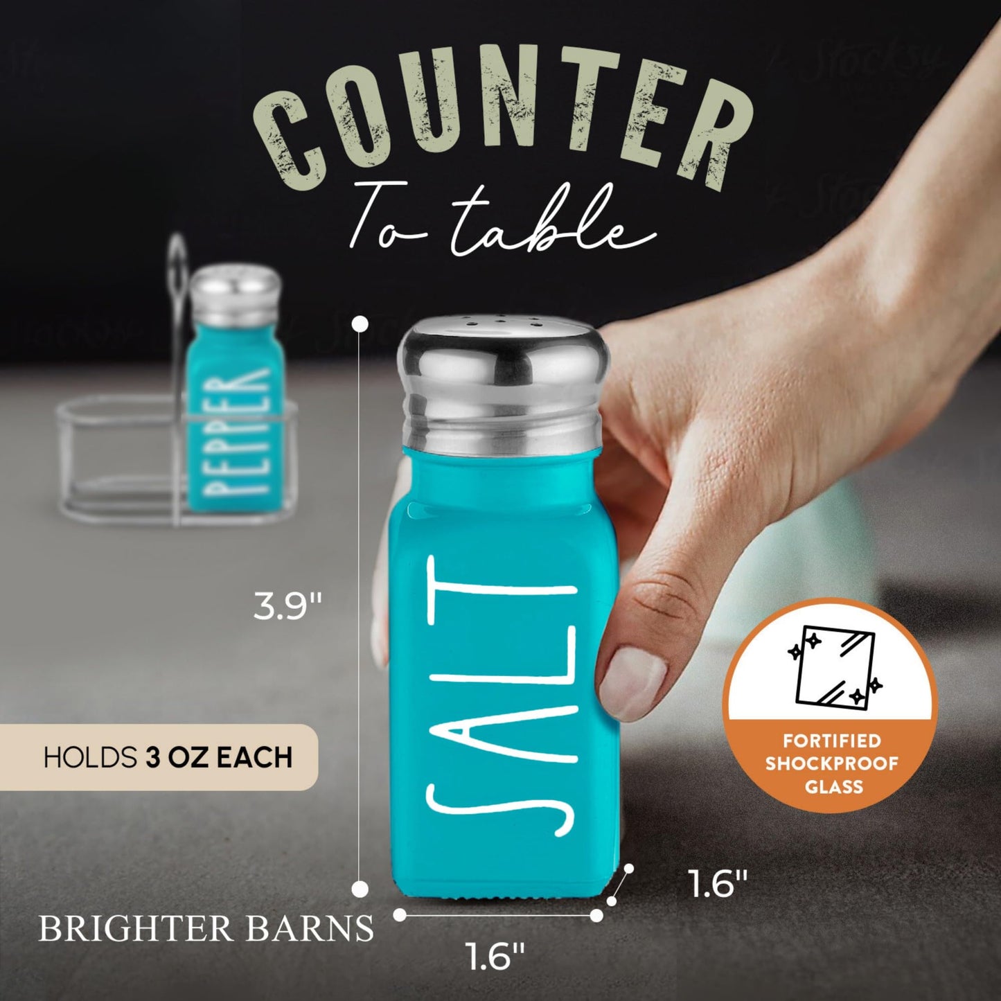 Teal Salt and Pepper Shakers Set with Holder by Brighter Barns - Turquoise Kitchen Decor and Accessories - Cute Salt and Pepper Set with Caddy - Modern Farmhouse Glass Shakers for Dining Table (Teal)