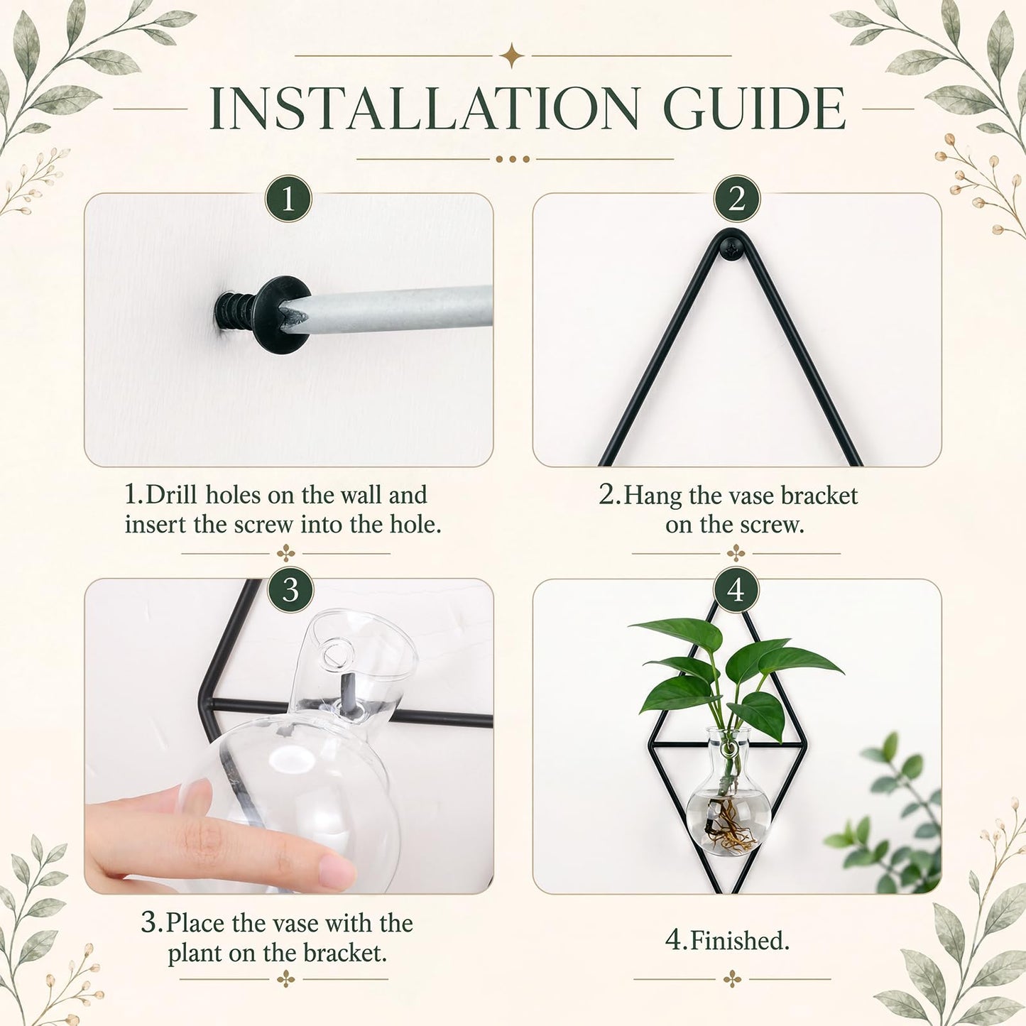 Ferrochef 2 Pack Wall Hanging Glass Vase with Metal Frame, Wall Mounted Plant Propagation Station, Diamond Shape Hydroponic Glass Planters with Iron Holder and Screws for Indoor Decor (Black)