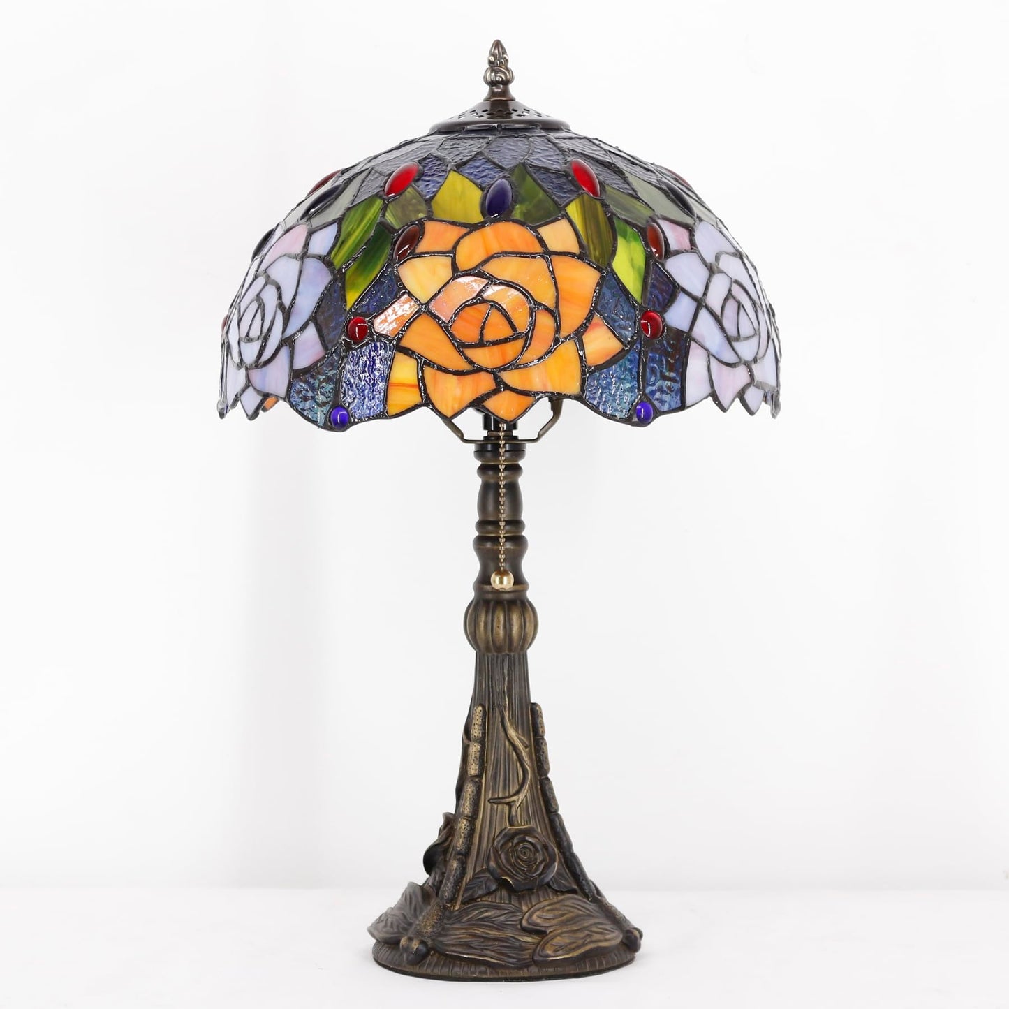 ANYONGLU Tiffany Lamp Stained Glass Table Lamp 12X12X19 Inch Resin Base for Desk Bedroom Living Room Reading Light(Purple Orange Rose Flower)