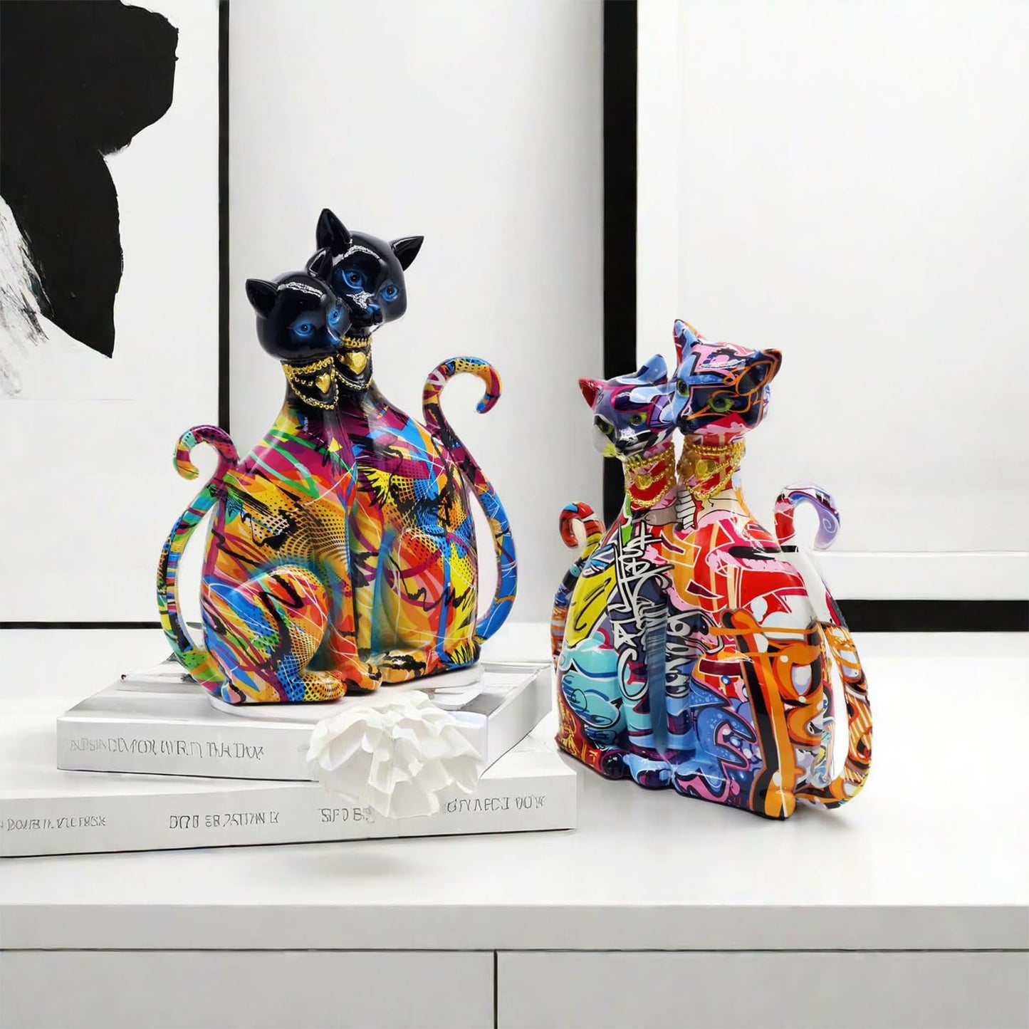 IDORTYBB Graffiti Egyptian Cat Statue Kitty Sculpture Animal Art Figurine Home Decor Decoration for Living Room Bedroom Book Shelf Cabinet Desk Table Top Centerpieces Ornaments (Multi A)