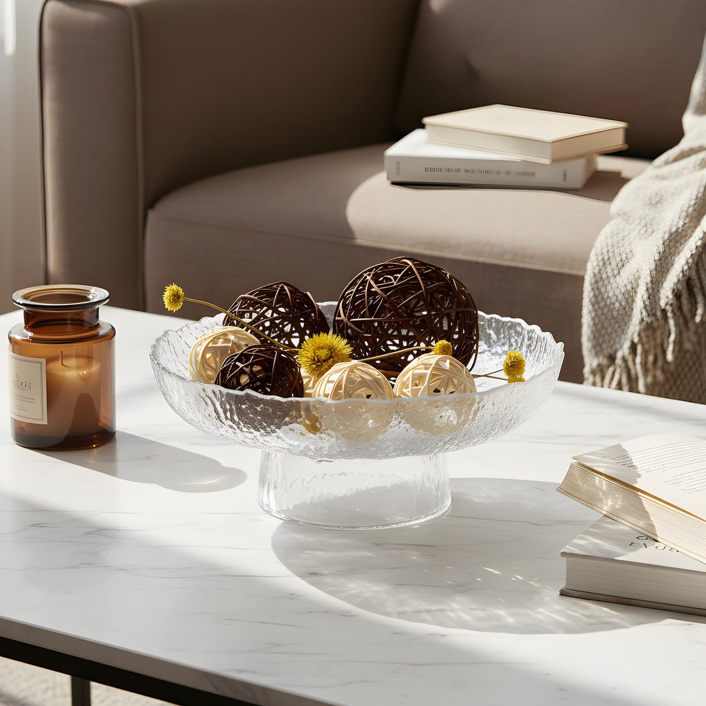 Kultilanda Large Glass Fruit Bowl for Kitchen Counter Decorative Centerpiece Bowl for Table Home Déco, Clear Hammered