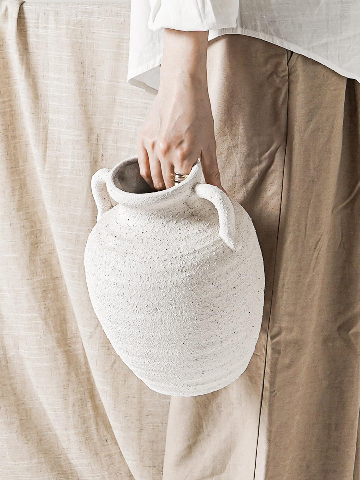 White Ceramic Vase with Handles, 9.5" Large Farmhouse Flower Vase - Rustic Centerpiece for Living Room, Bookshelf, Mantel, Entryway, Table & Wedding Home Decor (Rock Sand White)