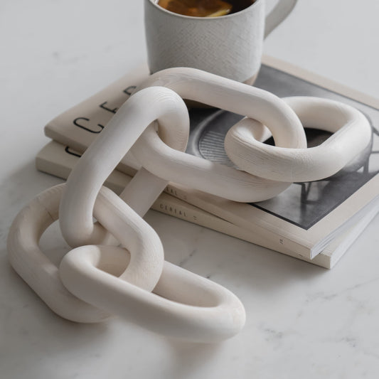 PEAKOLY Wood Chain Link Decor - White Wooden Decorative Objects for Shelves, Coffee Table Sculpture, Book Shelf Accessories, Modern Shelf Decor Accents, Console or Entryway Table Decorations