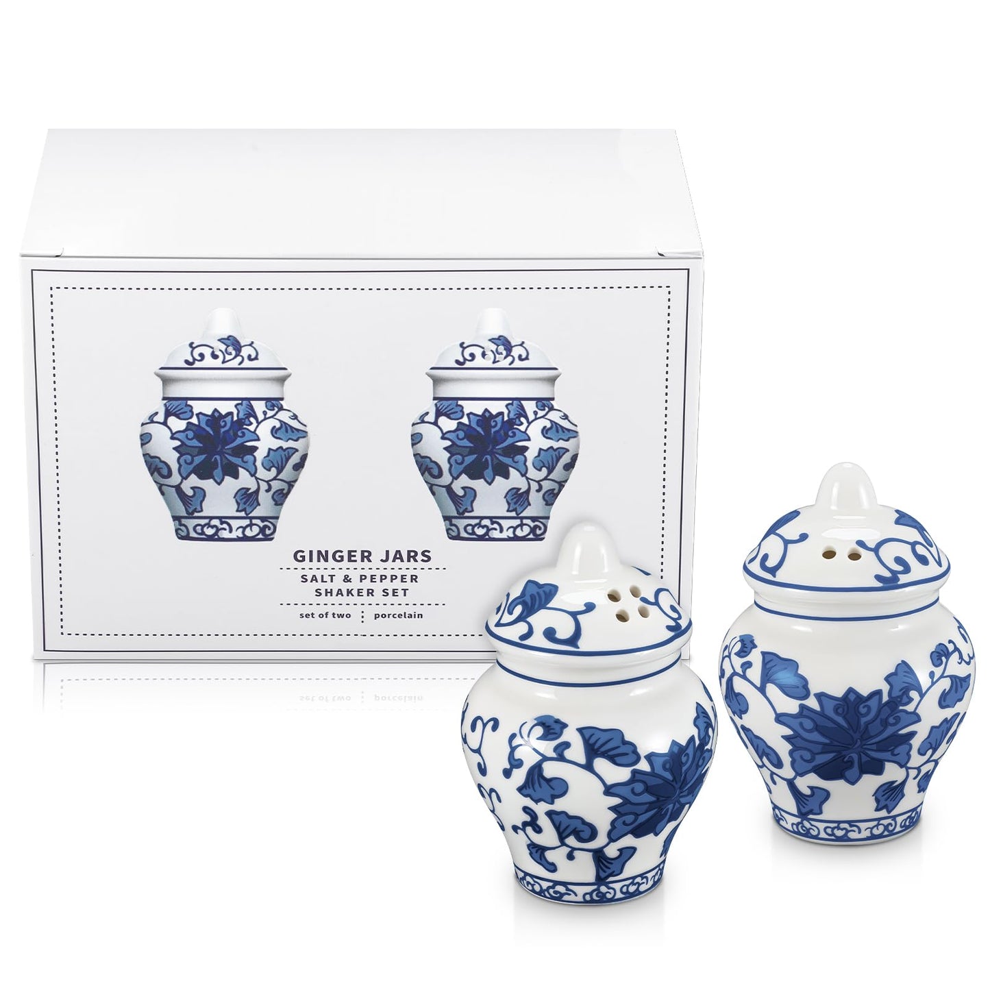 Honeydak 2 Pcs Chinoiserie Mini Ginger Jar Salt and Pepper Shakers Set in Gift Box Ceramic Jar Design, Elegant Blue & White Porcelain Spice Containers for Dining Table
