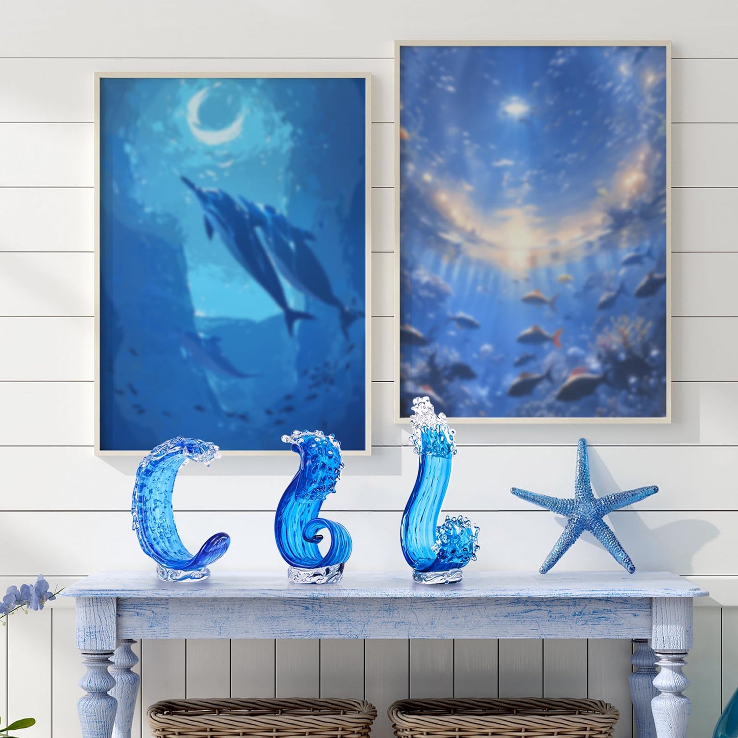 JexaTrek Blue Glass Sculpture Home Decor, Hand Blown Glass Art Statue, Glass Ocean Waves Home Living Room Decorations for Office Bookshelf Coffee Table Room Console Decor Accents.