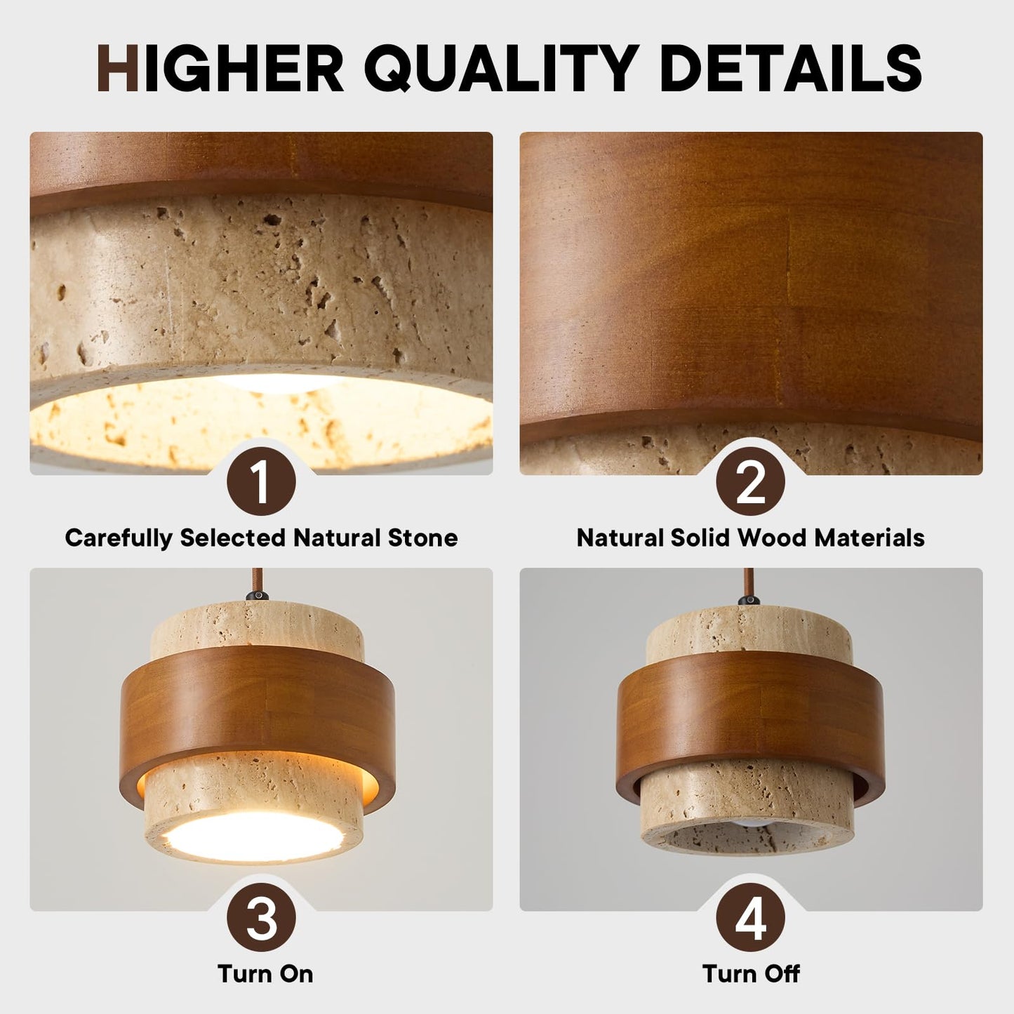 Wabi Sabi Pendant Light Set of 2, Natural Stone Travertine & Wood Hanging Lamp for Kitchen Island, Hallway, Bedroom, Dining Room Ceiling Decor (E26 Bulb, 6.7 in Stone Ring)