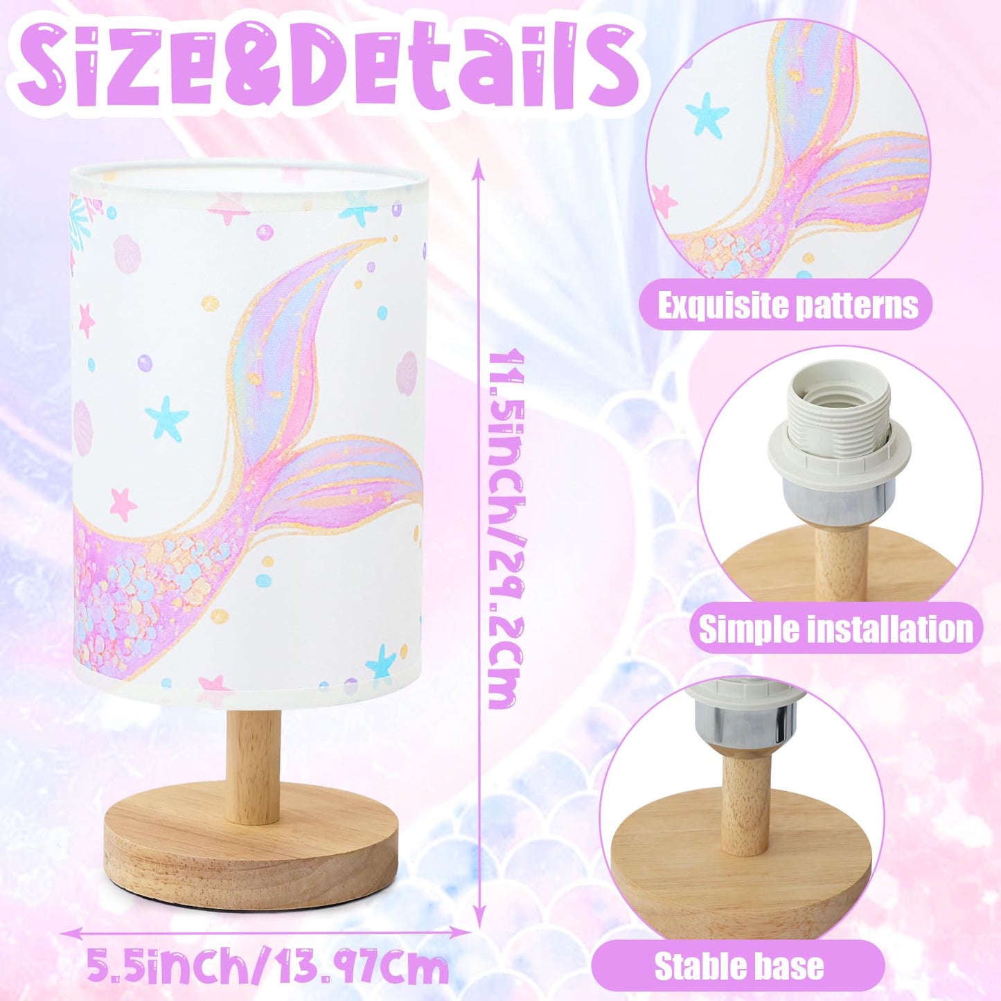 MASTRON Mermaid Table Lamp for Kids Bedroom - Mermaid Tail Pastel Kids Bedside Lamp with Linen Wooden Nightstand Nursery Lampshade for Girls Room Decor