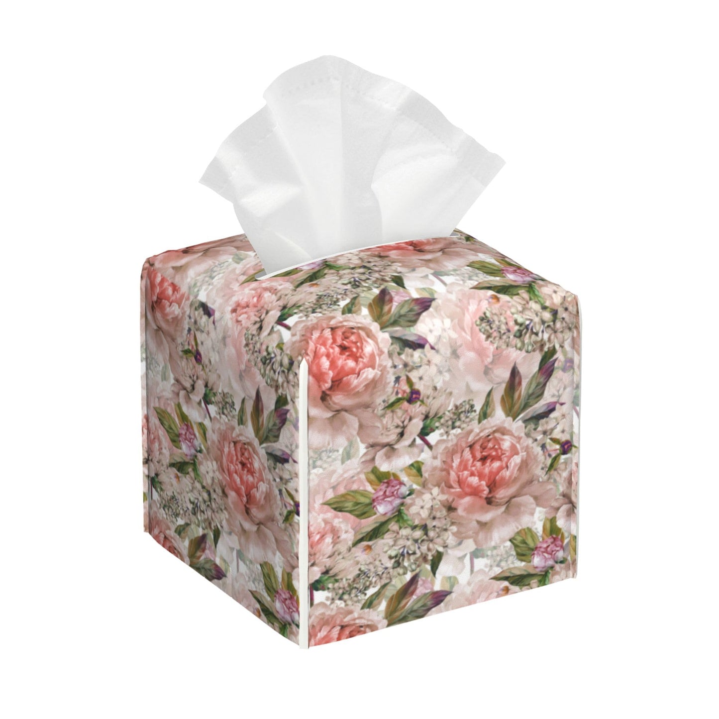 POIUBLE Leather Tissue Box Holder Watercolor Peony Flowers Tissue Box Cover Square Waterproof Tissue Holder Organizer Modern Napkin Holder for Bedroom Dresser Night Stand Office Desk