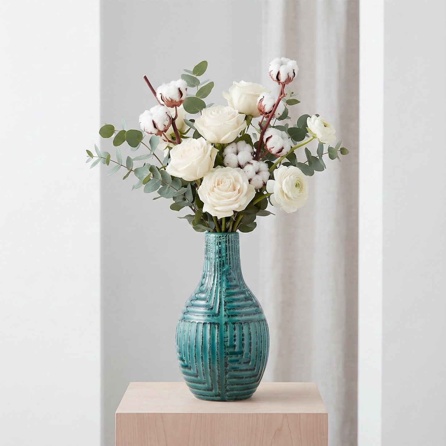 hjn Teal Hand-Glazed Ceramic Vase - 9.4" H Modern Decorative Centerpiece Vase for Fresh/Dried Flowers, Home Decor for Living Room Bookshelf Mantel | Wedding Housewarming Gift
