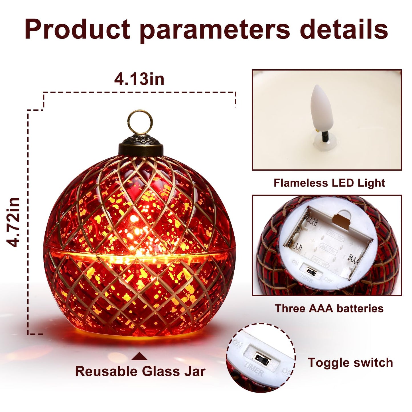 Birthday Glass Flameless LED Candles Wedding Decorative Light Birthday Gift for Her,Battery Operated Flickering Electric LED Ball Candles,Jar Candle for Home Party with Glass Cover Gifts for Wife(Red)