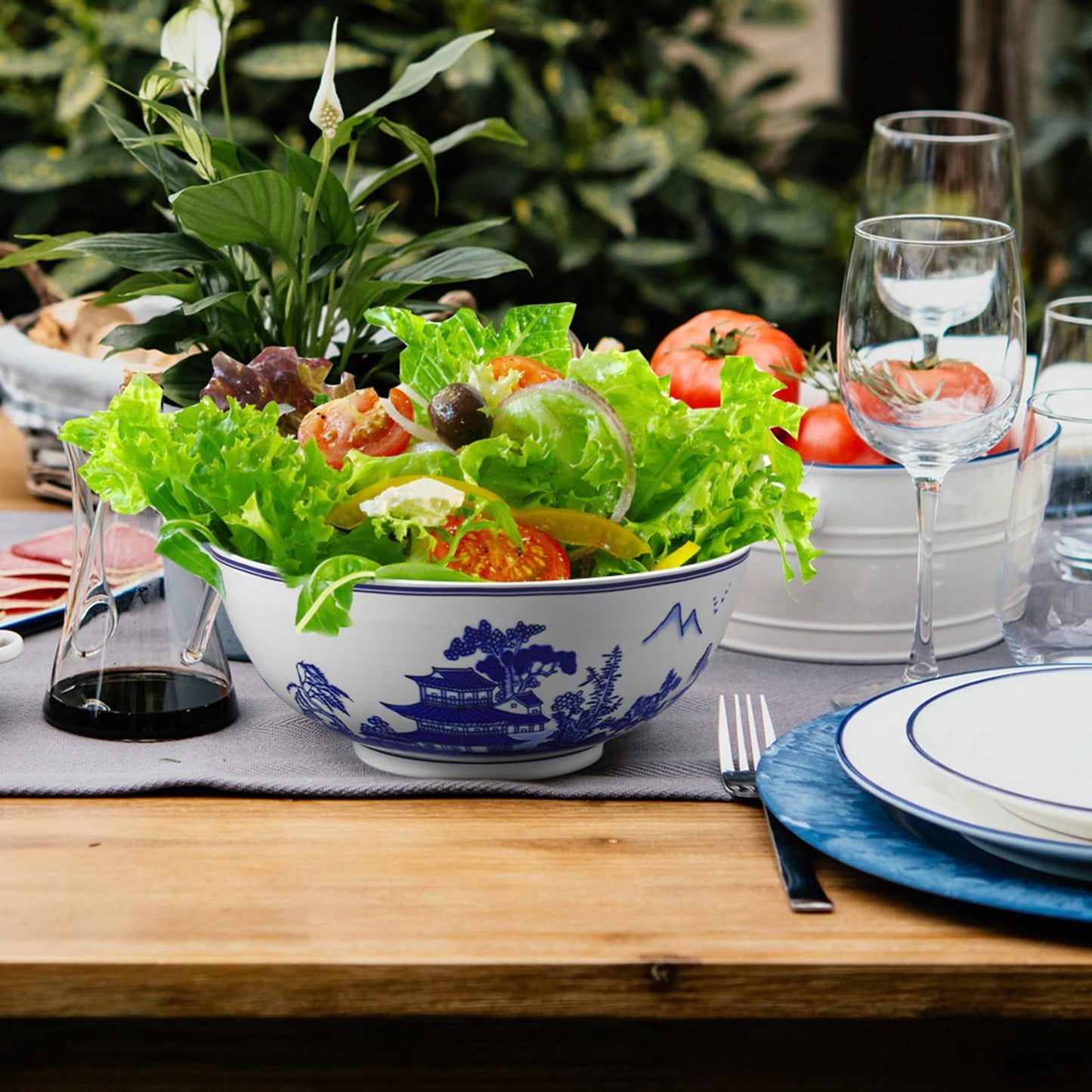 Reallnaive Christmas Chinoiserie Gift Large Salad Serving Bowl Blue and White Porcelain Bowl 9.7" x 4" Chinese Landscape Decorative Ceramic Serving Plate for Kitchen Salad Soup Fruit Home Decoration