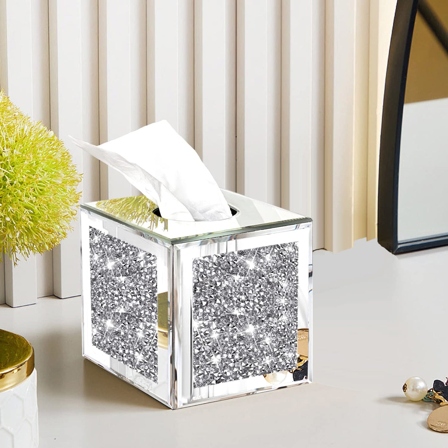 Wocred Square Mirrored Tissue Box Cover,Crystal Crushed Diamond Tissue Box,Silver Luxury Tissue Holders for Either Tissues in a Bathroom or Napkins on a Table.(5.5”x5.5”x5.5”)