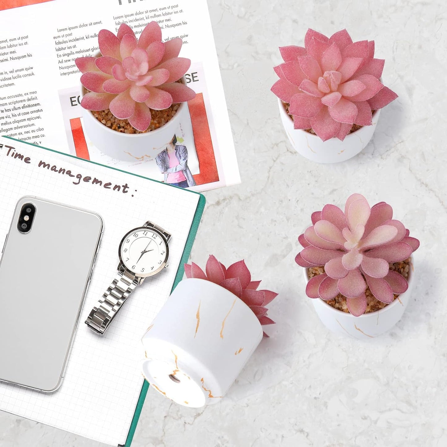 ZENIDA Succulent Artificial Plants,Cute Fake Succulents in 4 White Ceramic Pots,Small Fake Plants for Office,Table,Desk,Bathroom, Bedroom,Aesthetic Room Shelves Decor,Desk Decorations for Women Office