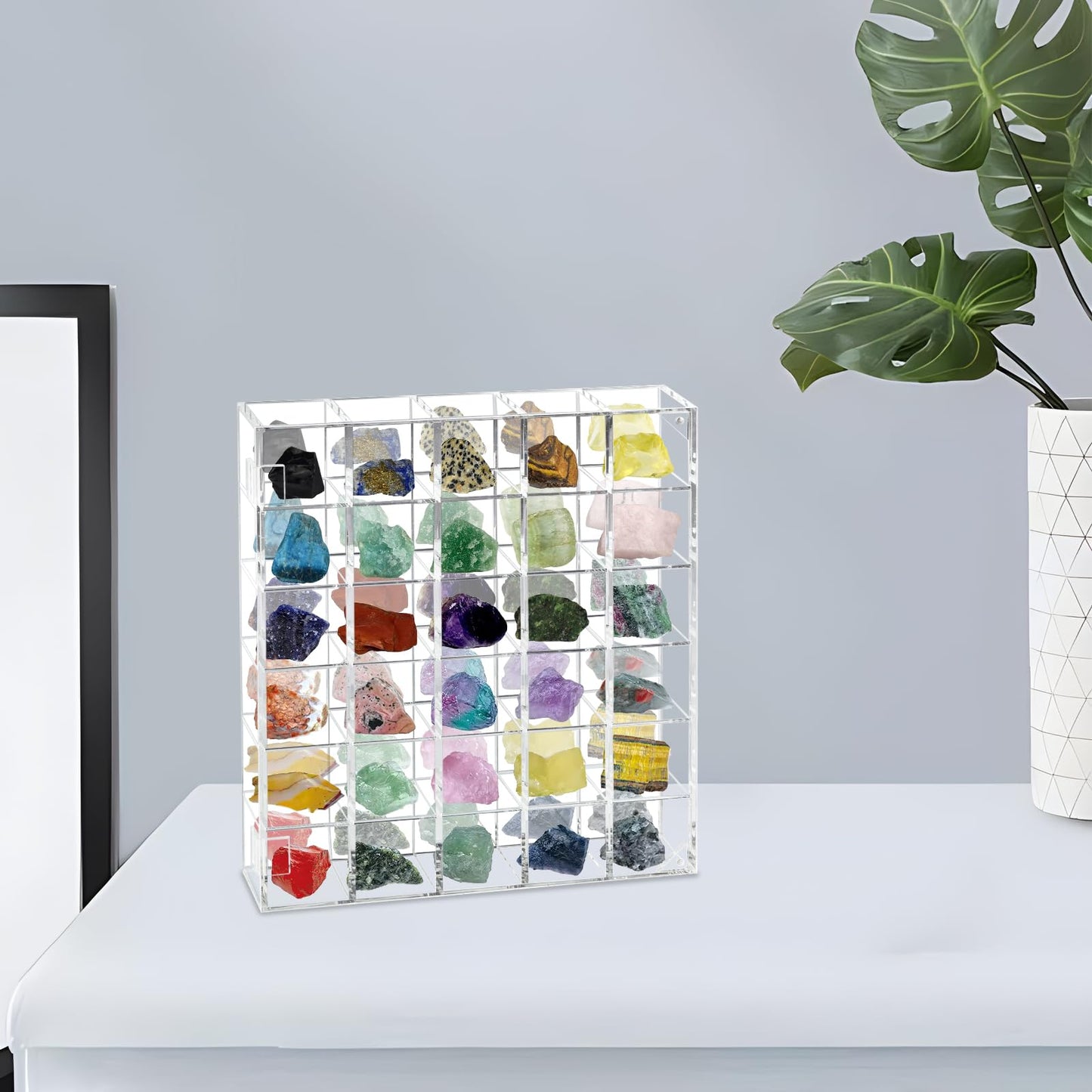 Acrylic Rock Display Case, Adjustable Rock Display Cabinet with Mirrored Back, Wall Mounted Stones Storage Box Showcase, Clear Display Case for Collectibles, Fossil, Shells, Mineral Crystal