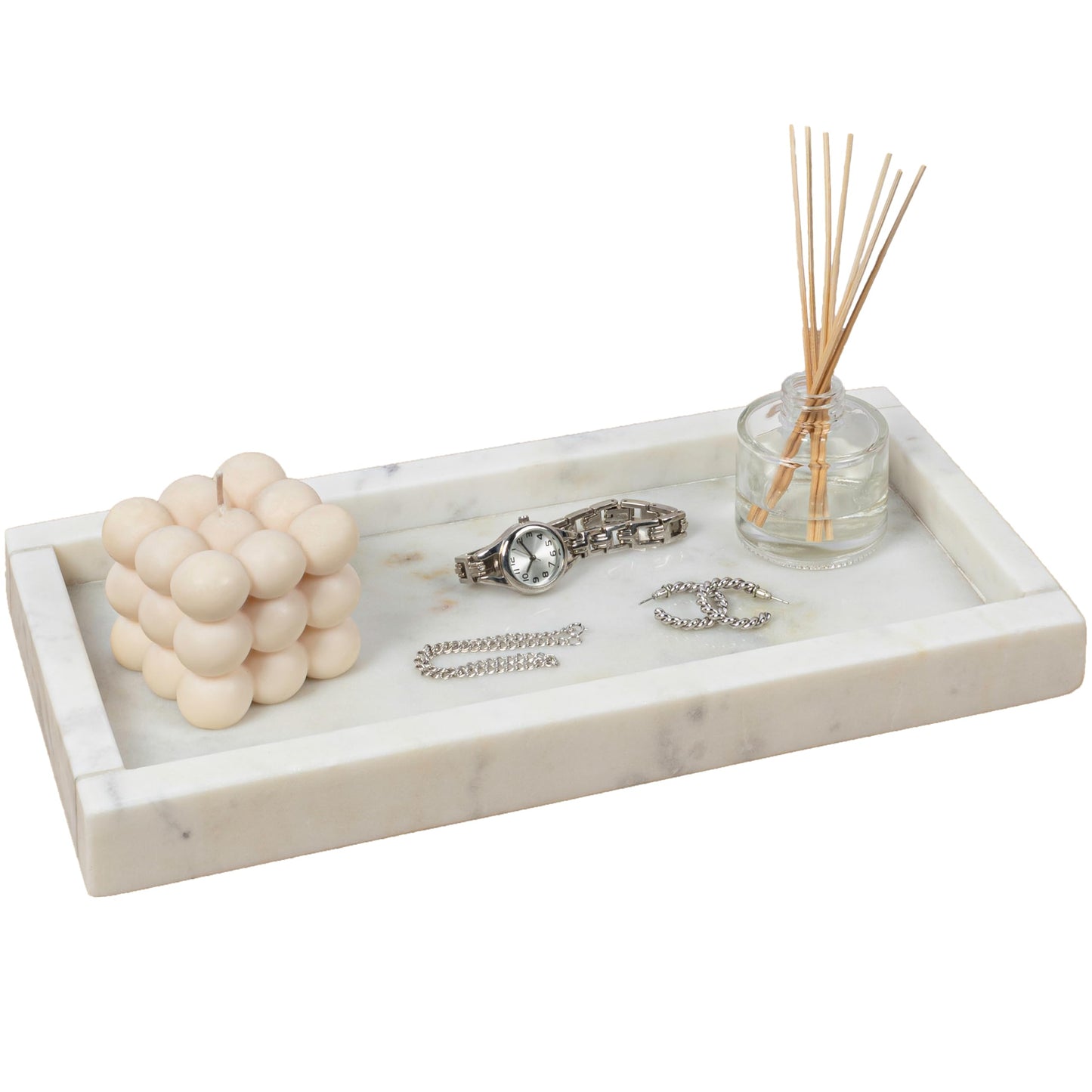 happimess TRY4001B Luxe Stone 12" x 6" Classic Minimalist Rectangular Marble Bathroom Countertop Tray for Storage,Decoration, Display, Coffee Table or Serving Food, White