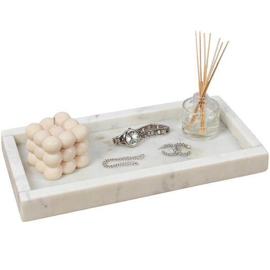 happimess TRY4001B Luxe Stone 12" x 6" Classic Minimalist Rectangular Marble Bathroom Countertop Tray for Storage,Decoration, Display, Coffee Table or Serving Food, White