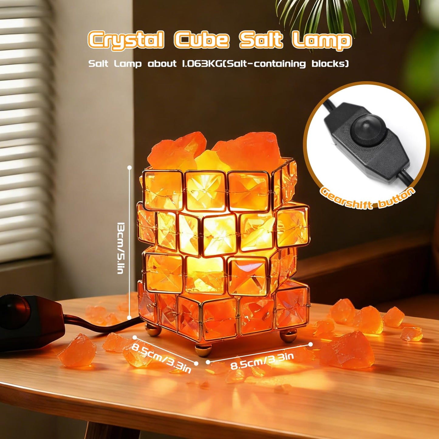 Natural Himalayan Pink Salt Lamp, Dimmable Single Lighting, Plug-in Powered, Crystal Salt Rock Lamp, Glow Night Light for Bedroom Office, UL & ETL Certified Cord (Crystal Cube)