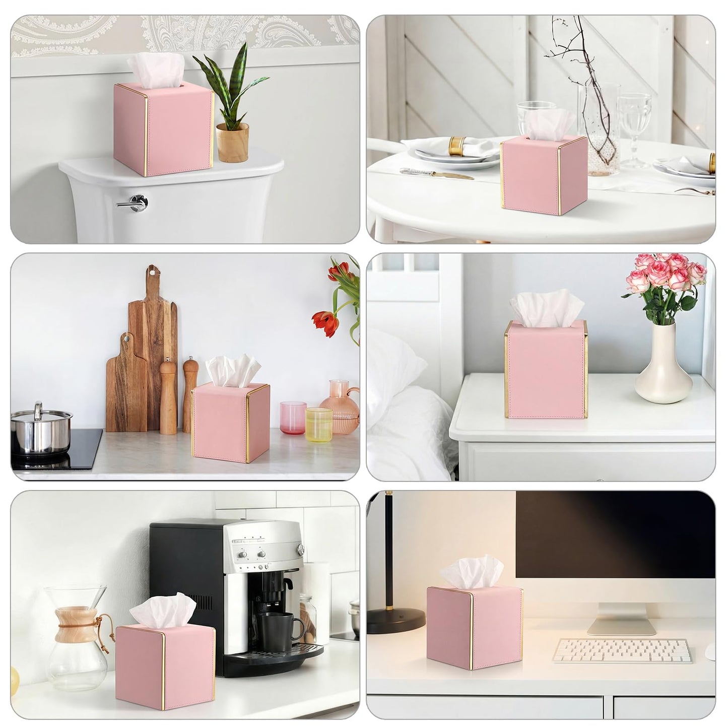 Sumnacon PU Square Tissue Box Cover, Magnetic Bottom, Waterproof, Pink