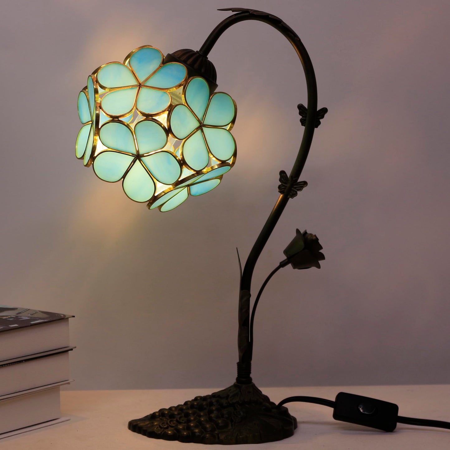 L-Juicwe Tiffany Stained Glass Table Lamp Blue Flower Petal Style 10×6×16 Inches Bedroom Office Reading Light