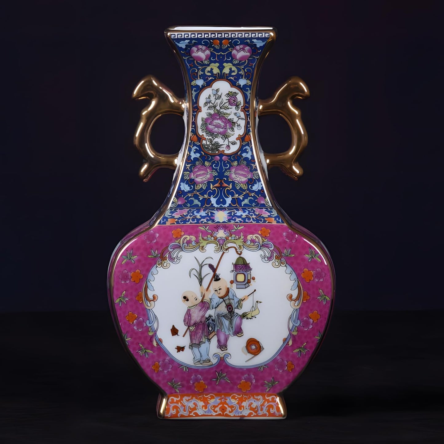 Kaolirra Antique Ceramic Vase - 9.8 Inch Enamel Porcelain Vase with Gold Trim, Chinese Purple Red Double-Handled Flat Ornament for Home Decor, Housewarming Gift, Collector's Art Piece
