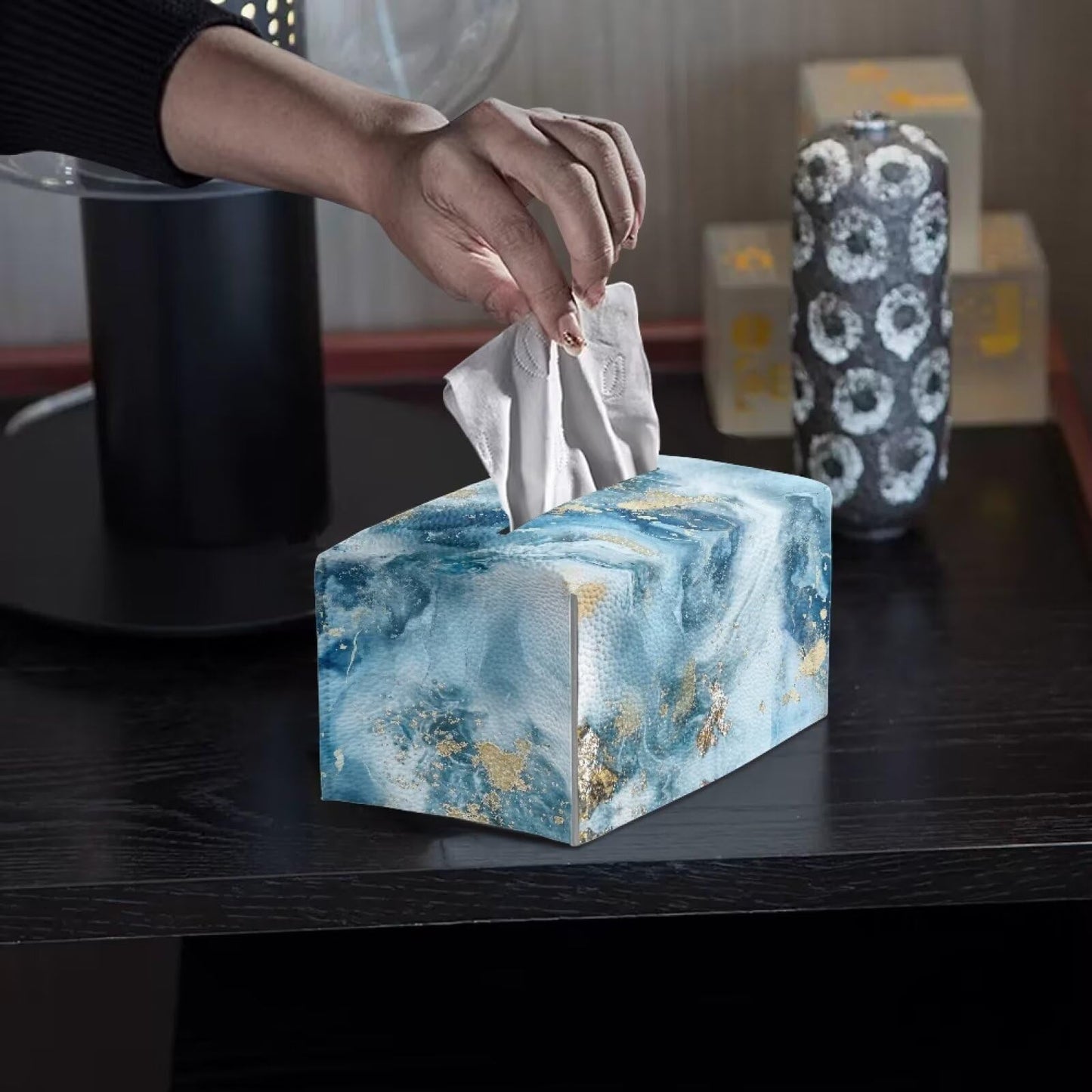 ZDCUSTOM Blue Marble Modern Rectangular Tissue Box Holder with Storage, PU Leather, Waterproof, Easy to Clean and Refill