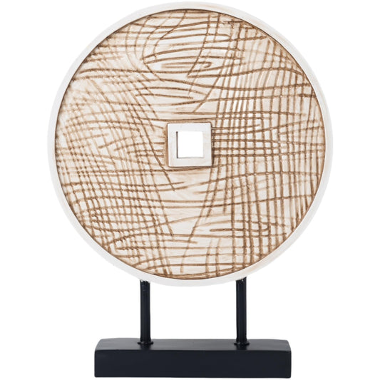 LuckySunDecorQZ Unique Round Coin Sculpture Decorative Objects for Shelf Home Decor Accents, Modern Abstract Tabletop Decor Items for Living Room Fireplace Mantel, Above Cabinet (Vintage White)