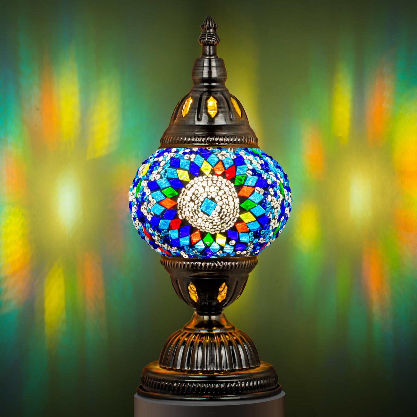 Marrakech Turkish Table Lamp with Bronze Base，Handmade Blue Moroccan Tiffany Style Mosaic Glass Night Stand Light Fixture Including LED Bulb for Living Room Bedroom Decor (Blue)