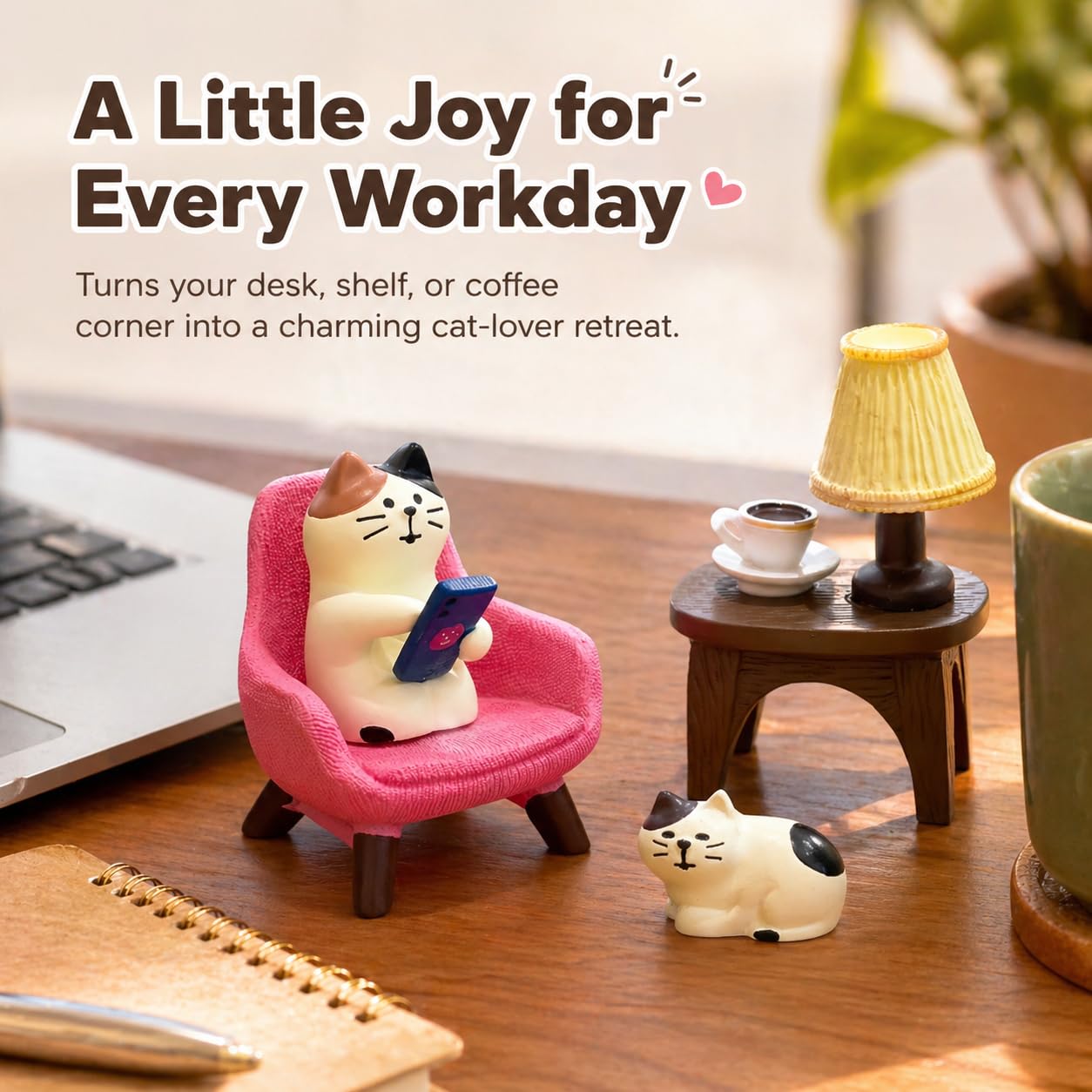 Edyocey Miniature Cat Figurines Set, 4-Piece Resin Cat with Sofa and Lamp, Desk Decor for Office and Home, Gift for Cat Lovers