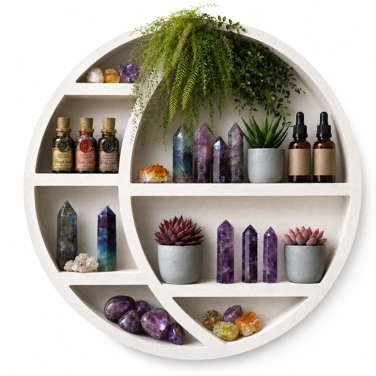 Nimpro Wooden Crescent Moon Shelf — Boho Wall Decor Crystal Display Shelf for Bedroom, Dorm & Nursery | Crystal Holder for Essential Oils, Witchy & Moon Phase Decor | 14x14x3.5 | Paulownia Wood