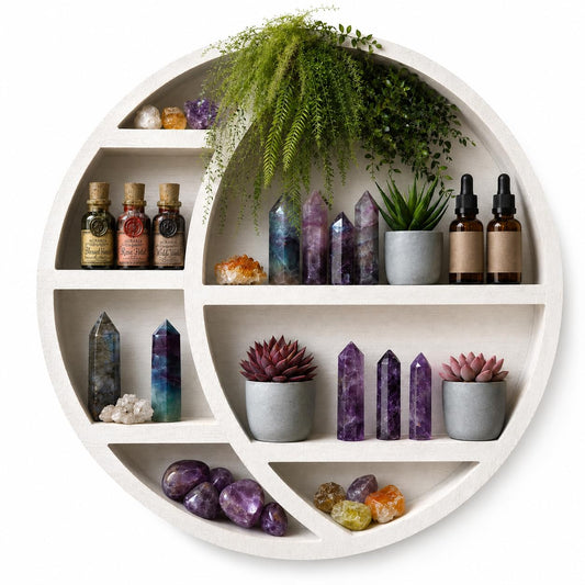 Nimpro Wooden Crescent Moon Shelf — Boho Wall Decor Crystal Display Shelf for Bedroom, Dorm & Nursery | Crystal Holder for Essential Oils, Witchy & Moon Phase Decor | 14x14x3.5 | Paulownia Wood