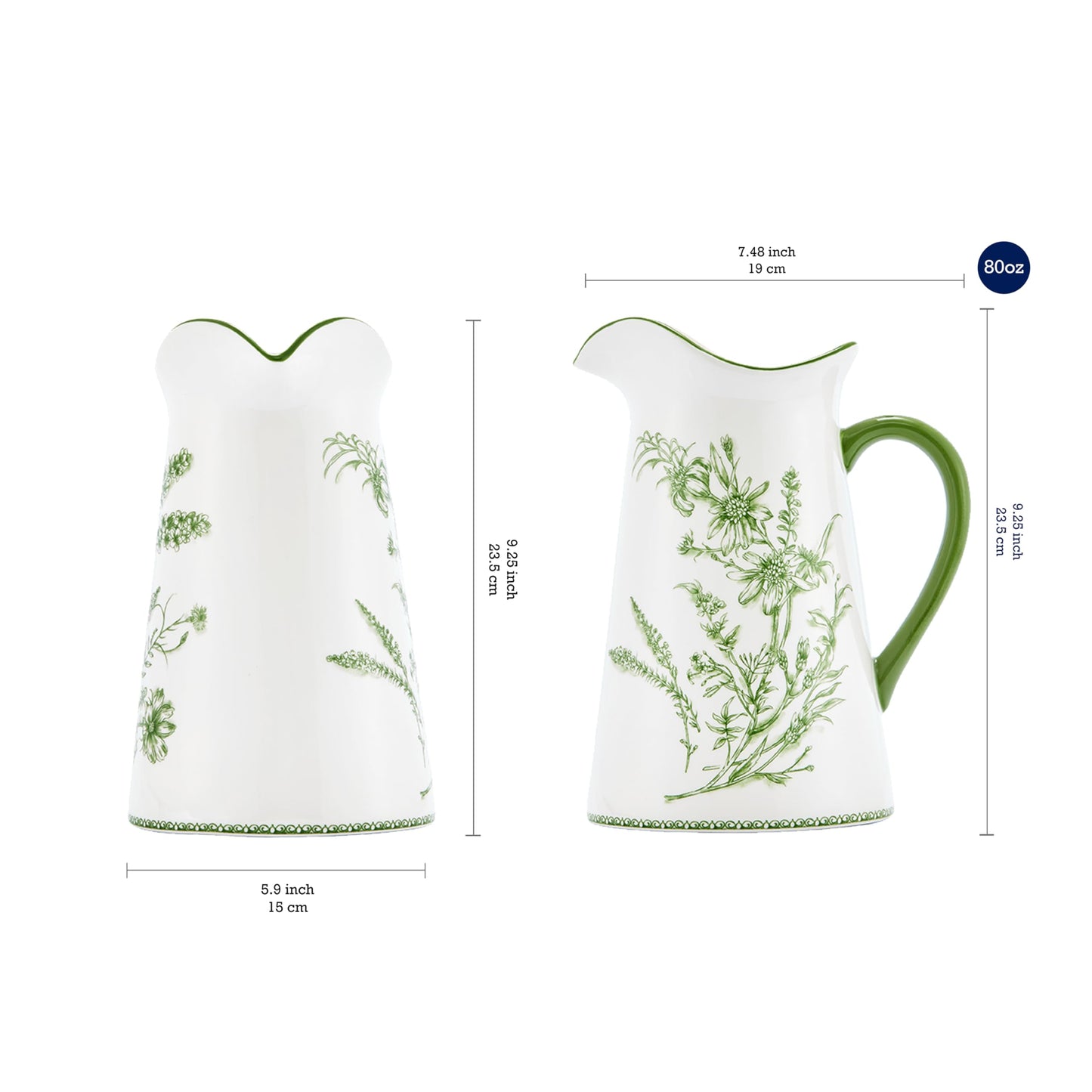 Bico Green Garden Toile De Jouy Ceramic 2.5 Quarts Pitcher with Handle, Decorative Vase for Flower Arrangements, Dishwasher Safe