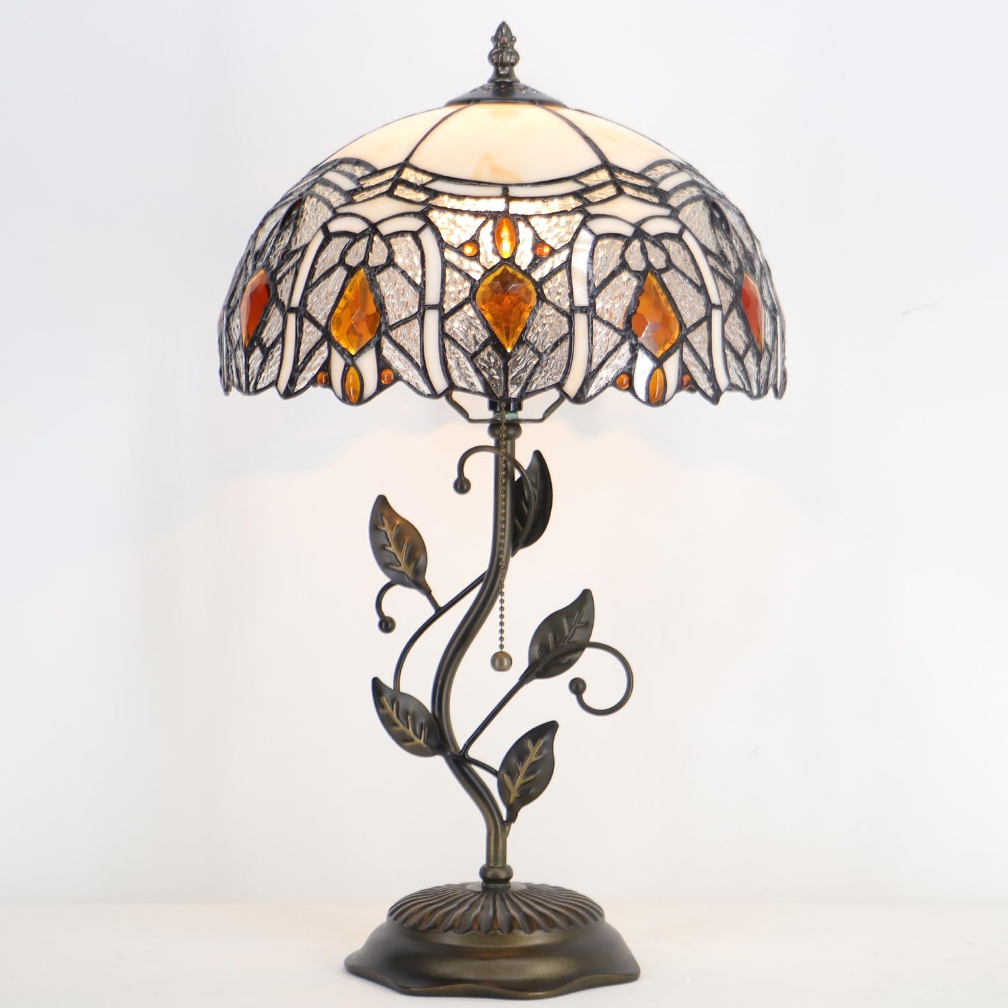 HZYFFYU Tiffany Table Lamp Stained Glass Desk Lamp Metal Leaf Base Reading Light 12X19 Inch (Crystal Style)