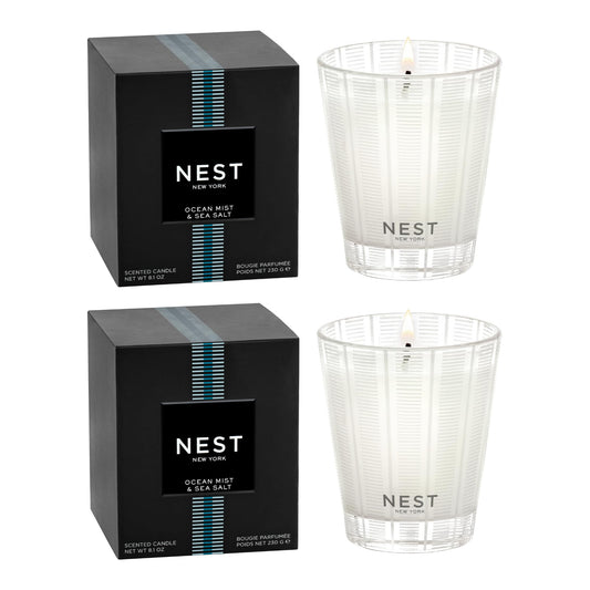 NEST New York Scented Classic Candle Duo, Ocean Mist & Sea Salt - 8.1 oz, Pack of 2 - Up to 60-Hour Burn Time Each - Reusable Glass Vessel