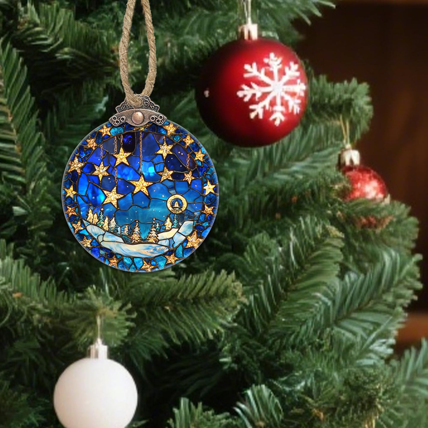 AMDERVEN Stained Glass Christmas Decorations, Blue Starry Winter Snow Scene Suncatcher for Window Christmas Tree Hanging Ornaments Star Sun Catcher Xmas Decor Gifts for Women Men Mom Nana Friend