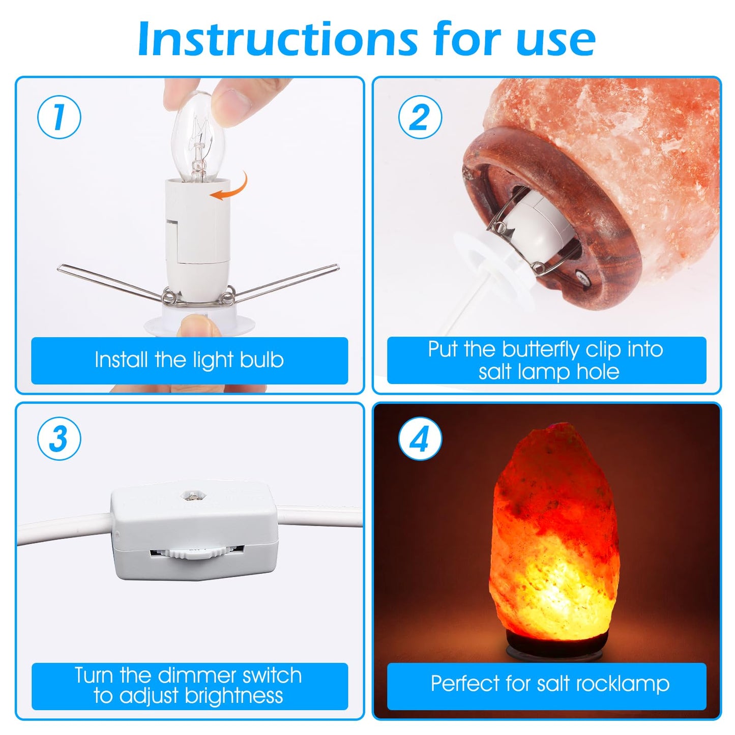 Wuluretoos Himalayan Salt Lamp Cord, Christmas Bulb,Salt Lamp Cord with Dimmer Control and Base Assembly,6 Feet,E12 Base for Himalayan Salt Lampsand with 2 Free 7W Bulbs (White)