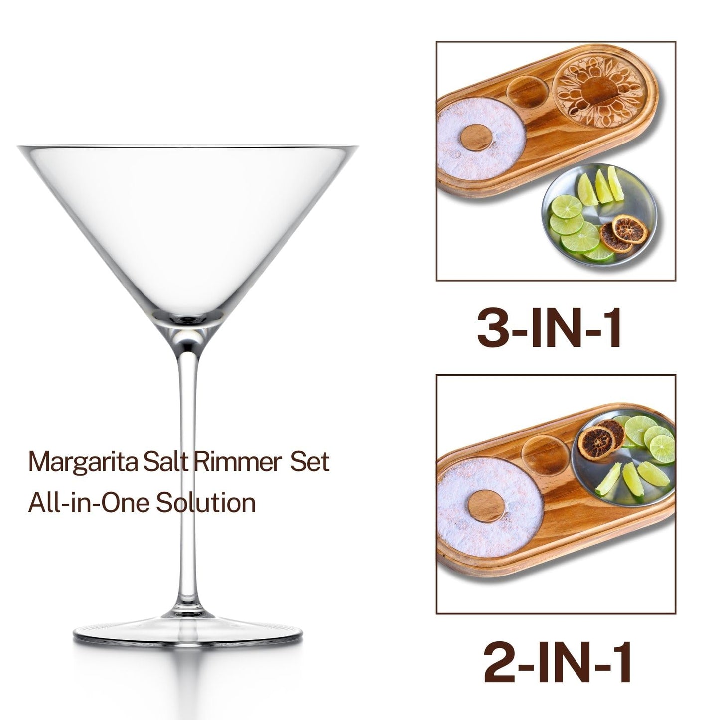 Margarita Salt Rimmer Set - Wood and Stainless Steel 3-in-1 Cocktail Glass Rimmer for Salt, Sugar, Lime – Fits Glasses up to 5.1 Inches – Complete Margarita Kit for Cocktails (1pack)