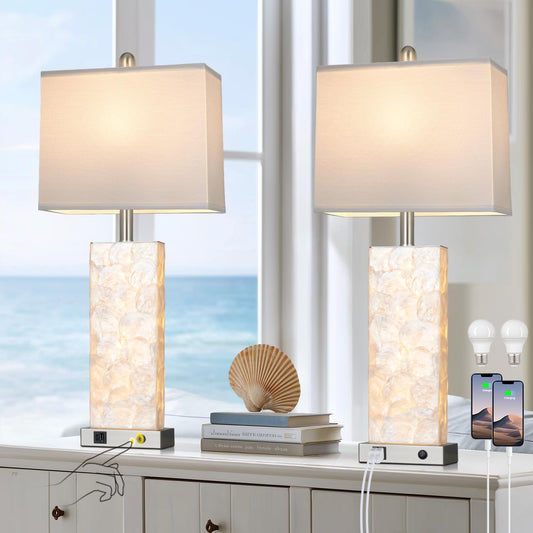 luxeflow 28" Coastal Table Lamps for Living Room Set of 2, Bedside Lamps with Night Light, USB A+C Ports, Modern Sea Shell Bedside Night Stands Light for Beachy Cottage Decor (Silver)
