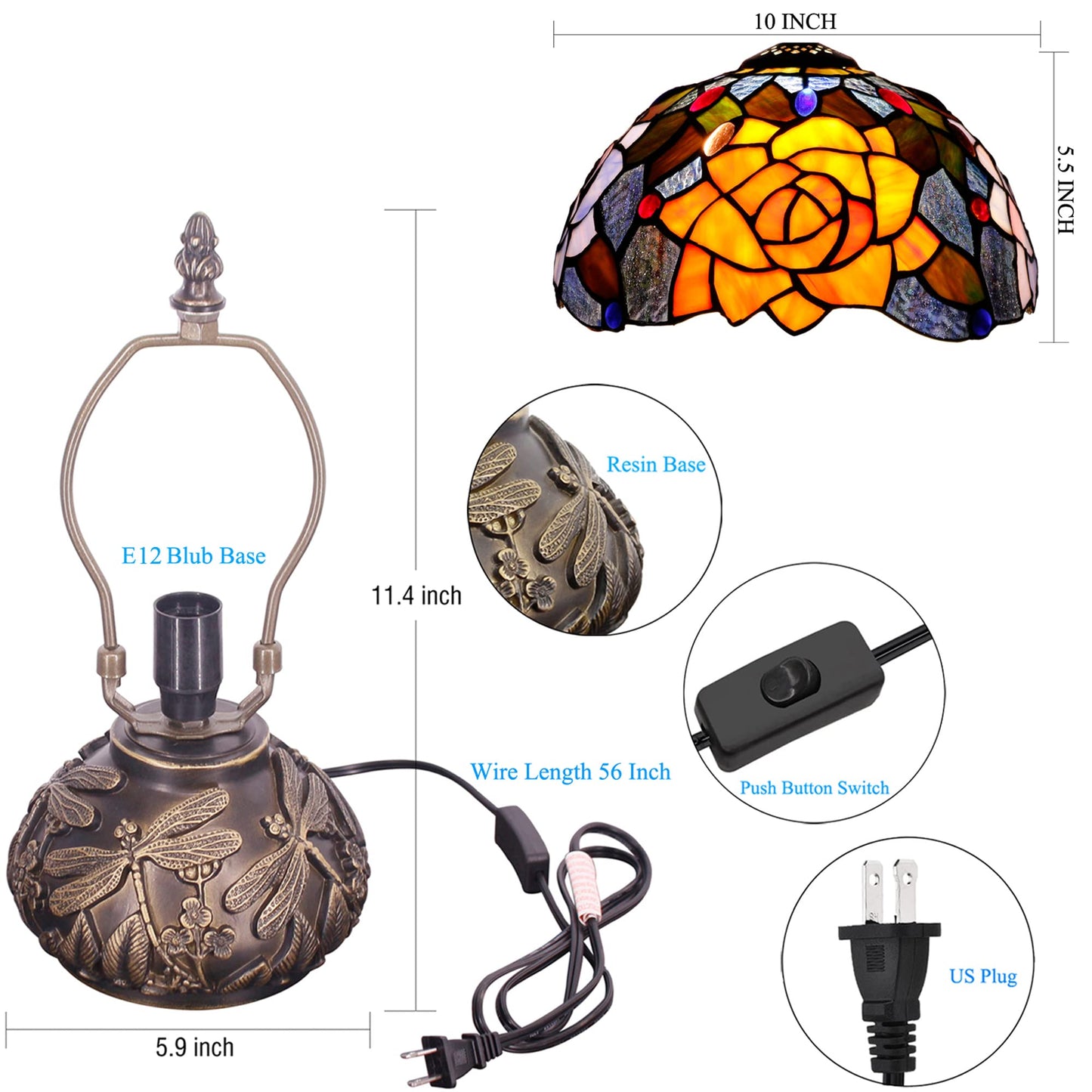 SYETL Small Tiffany Table Lamp Yellow Purple Rose Style Stained Glass Desk Lamp 10X11.5 Inch Mushroom Table Light for Office Home Living Room Bedroom