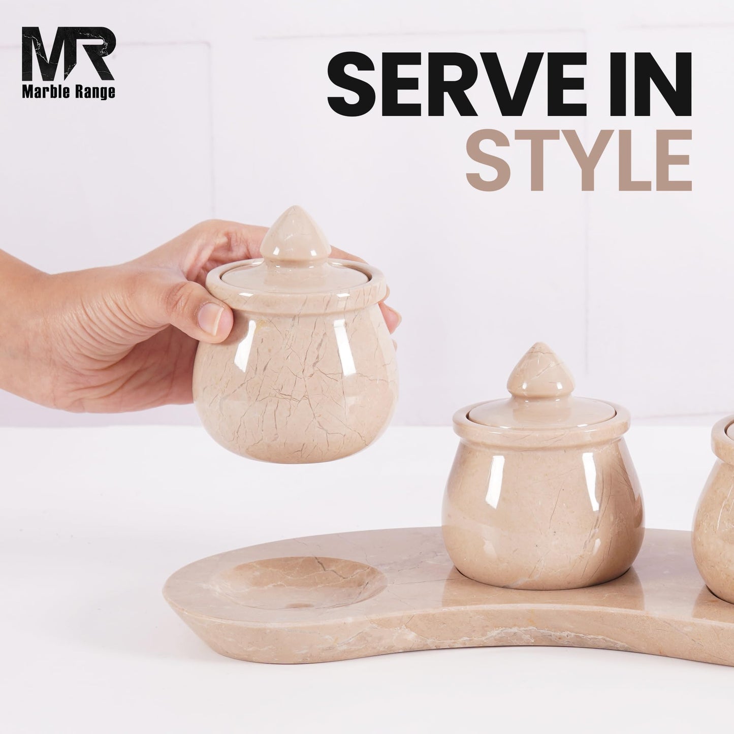 Marble Salt Cellar with Lid 3.5 Inch Natural Verona Stone Salt Holder with Tray Set of 3, Stylish Countertop Jar for Spices, Sugar, Seasoning, Condiments & Dining Table Use