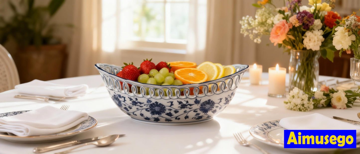 Aimusego Blue and White Porcelain Fruit Bowl, Hand Painted Floral Retro Hollow Ceramic Fruit Tray Plate Dish, Colander, Chinoiserie Oval Decorative Candy Serving Basket for Housewarming